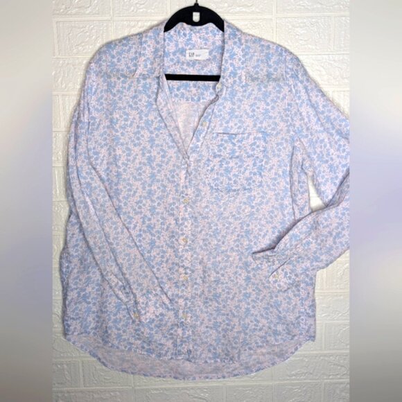 GAP Light Blue and White Floral Linen Blouse - Picture 2 of 5